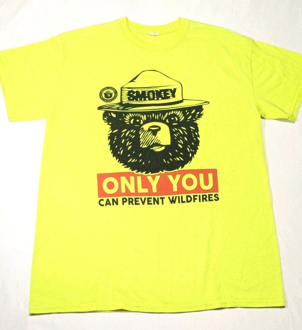 Smokey Bear T Shirt Mens Small Florescent Yellow Rare Y2k Neon Official Staining